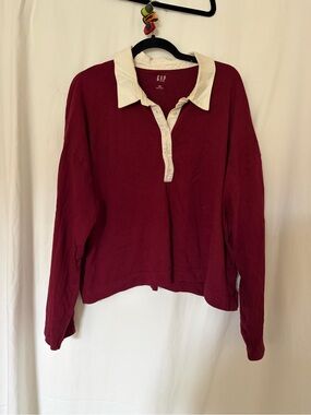GAP Long Sleeve Polo Top in Wine with Cream Collar
